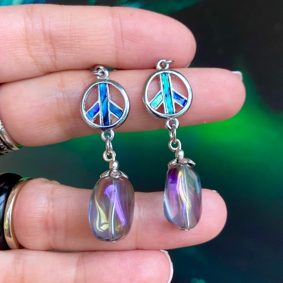 Opal peace earrings . Peace sign & rainbow aura crystal dangly boho earrings - Picture 7 of 10